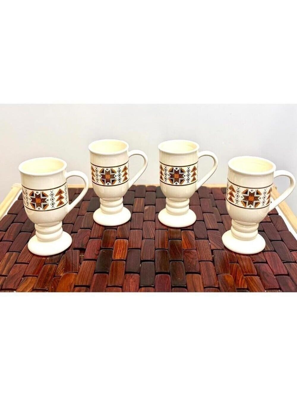 Set of 4 Vintage Japan Pedestal Mugs Geometric Mid Century Retro Folk Pattern